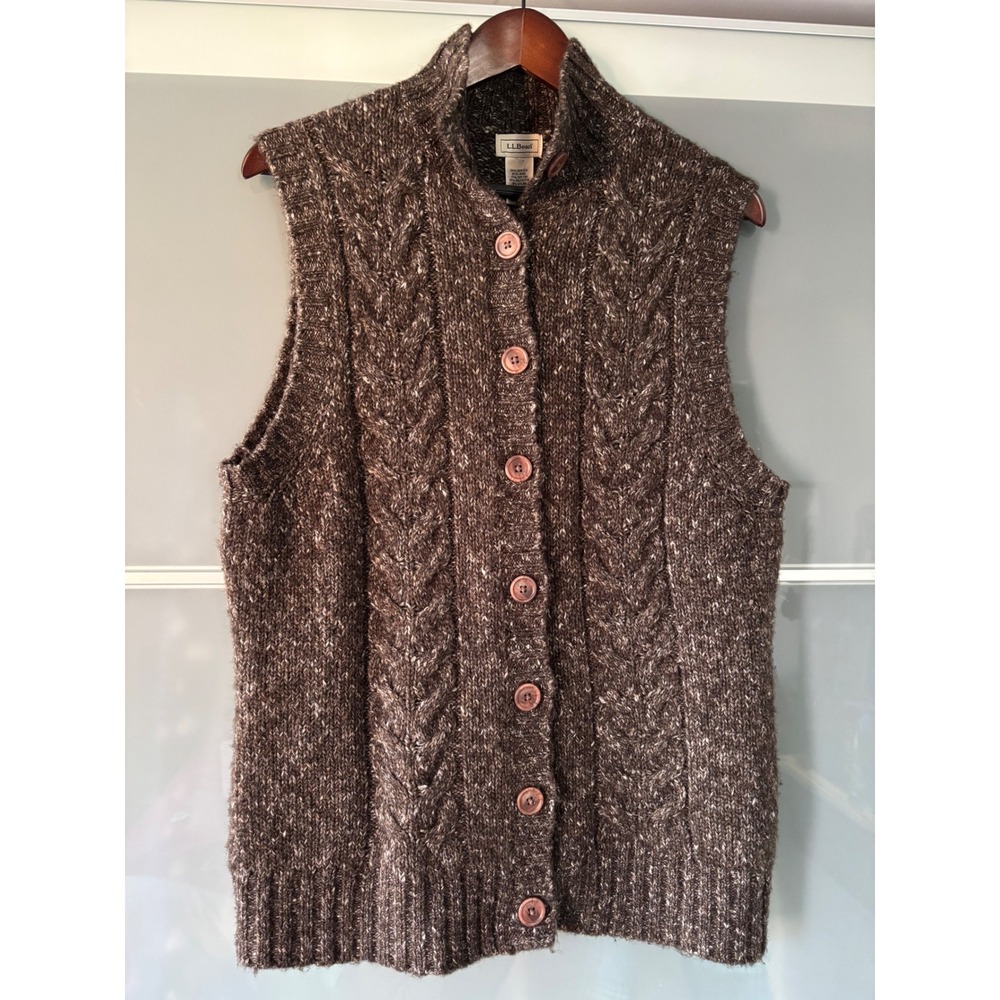 Vintage LL Bean Wool Blend Cable Knit Sweater Vest Large Button Front Grannycore